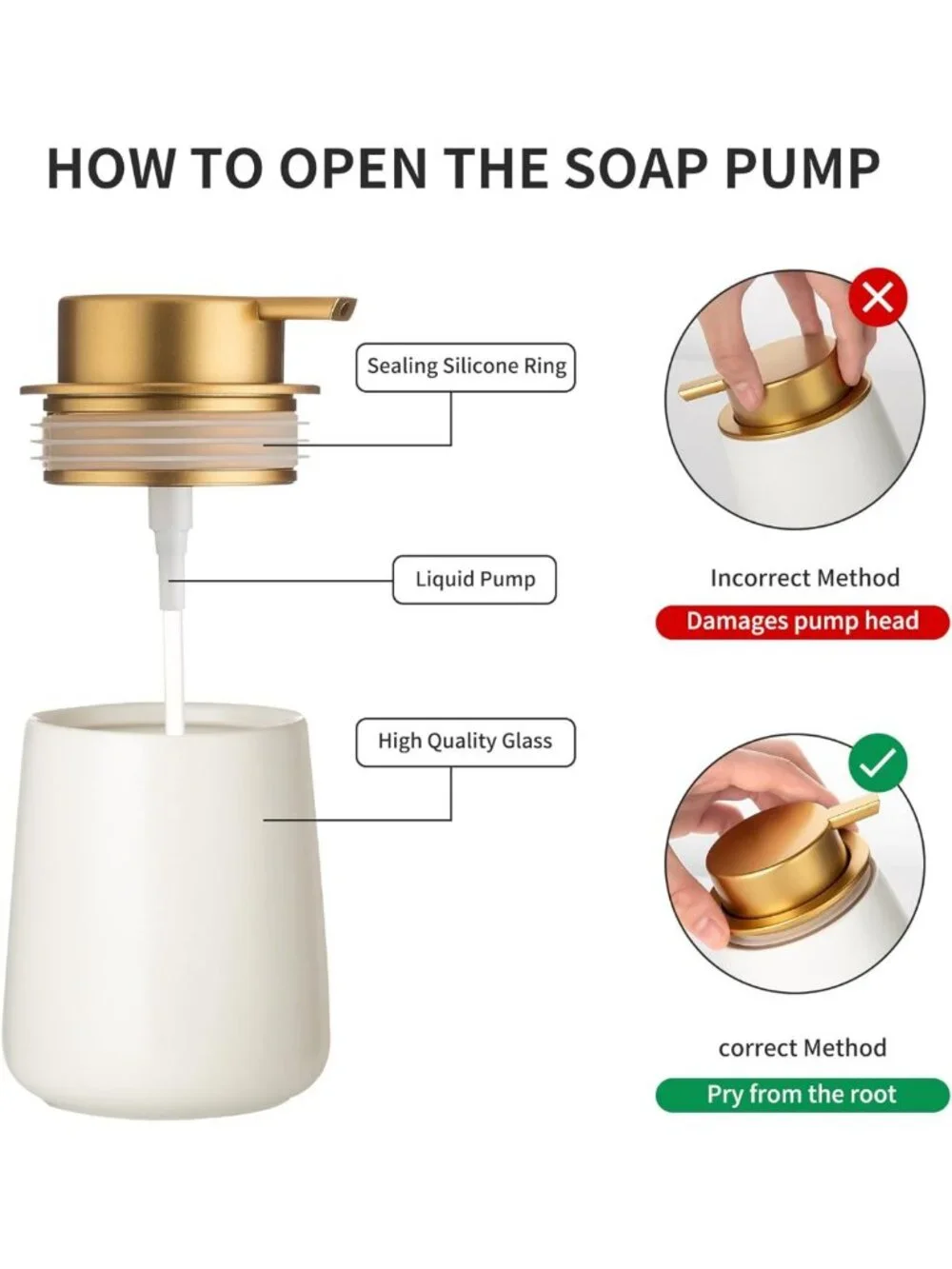 Elegant White Ceramic Soap & Lotion Dispenser with Gold Pump | 12oz Refill